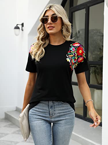 Mexican Shirts for Women Embroidered Tops Traditional Summer Blouse Women's Floral Tunic Round Neck Short Sleeve4