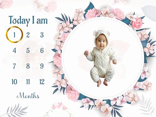 Image of Baby Monthly Milestone Blanket | 1-12 Months | Soft All-Season AC Blanket | Ideal for Newborn Boys & Girls | Perfect Growth Tracker & Photoshoot Prop with Blossom Theme | 120x90 cm