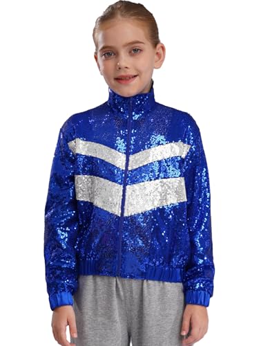 easyforever Kids Girls Sequin Long Sleeve Zipper Bomber Jacket Sparkle Hip Hop Jazz Dance Performance Coat Outwear