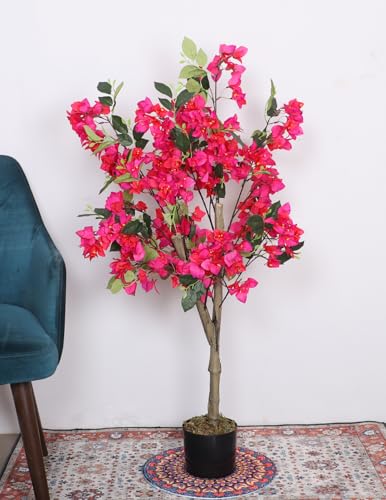 Image of ARICK DECOR 4Ft Artificial Bougainvillea Flower Tree in Pot, Realistic Faux Pink Silk Flower Plant, Peacock Shaped Extra Large Floor Decor (4ft-Dk Pink)