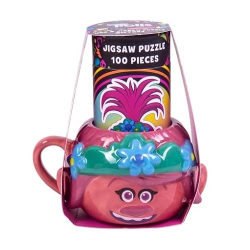 Image of Fizz Creations Trolls Shaped Mug & 100 Piece Jigsaw Puzzle. Officially Licensed Trolls Merchandise. Ceramic, Jigsaw, Cartoon, Mug, Gift Set, Puzzle. 101 Items, 1 Set, 100 Pieces, 1 Unit. Age 7+.