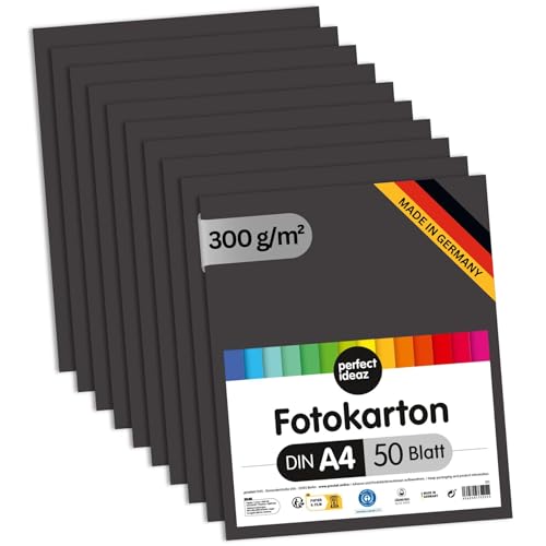 perfect ideaz - 50 Blatt Fotokarton DIN-A4, Schwarz, 300 g/m², made in Germany, Blauer Engel zertifiziert