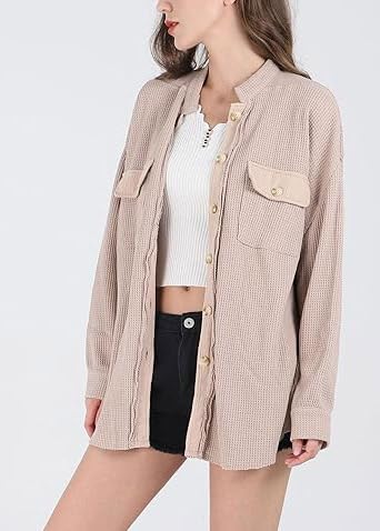 utcoco Women's Casual Waffle Knit Shacket Jacket Loose Fit Long Sleeve Button Down Shirt Shacket Top - Image 4