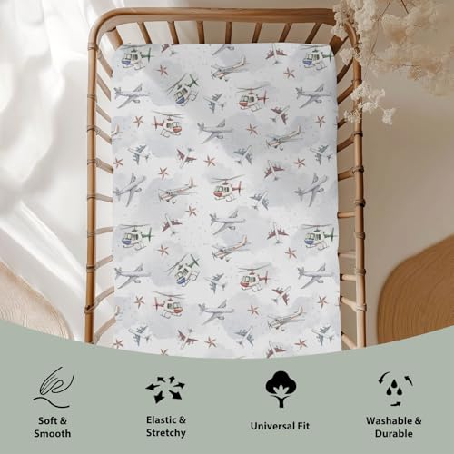 Image of Vintage Planes Airplanes Helicopters Baby Crib Sheets Boy Girl 28 inchx52 inch Plane Stars Clouds Sky Soft Stretchy Fitted Crib Mattress Cover Baby Sheet for Standard Crib & Toddler Mattress Pad