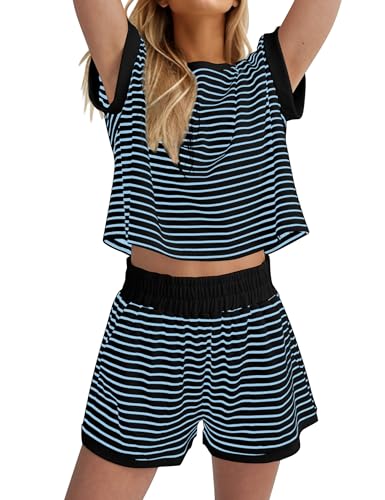 Image of MISSACTIVER 2 Piece Lounge Set Women Stripe Knit Short Sleeve Tee Shirts Shorts Casual Summer Loungewear Shorts Sets