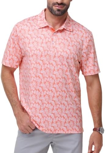JHMORP Men's Golf Shirts Short Sleeve Polo Shirt Moisture Wicking Quick Dry Performance Print Sports Tops Tees (Orange Red Coconut Leaf,CA XL)