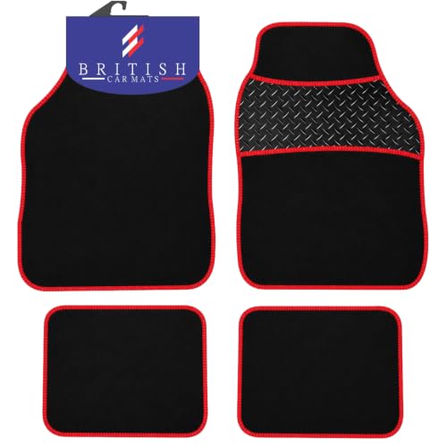 Image of BCM Universal Black Carpet Car Floor Mats, Set of 4, Red Cloth Binding
