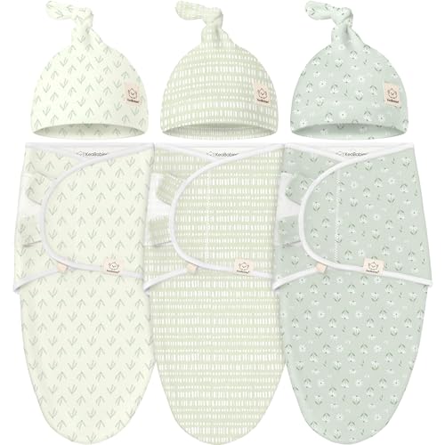 KeaBabies 3-Pack Organic Swaddles for Newborns Girls, Boys with Hats - Soft Cotton Baby Sleep Sacks 0-3 Months, Breathable Baby Hats and Swaddles 0-3 Months, Newborn Essentials Must Haves (Leafy)