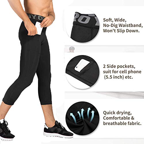 3 Pack Men's 3/4 Compression Pants With Pockets Workout Dry-Fit Baselayers Underwear Tights Sport Running Leggings Capri #TOP1