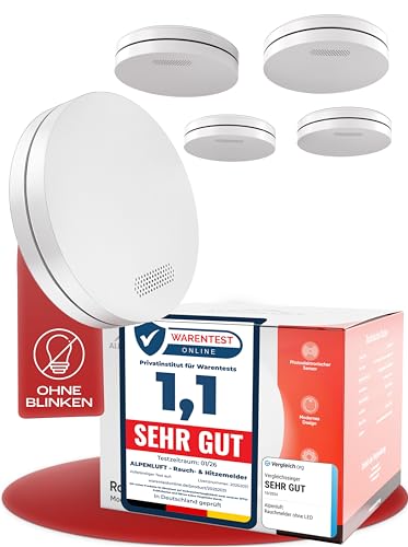 ALPENLUFT Rauchmelder 10 Jahre Batterie, Feuermelder Flach, Rauchwarnmelder, Brandmelder, | Ohne Bohren, Ohne LED Blinken - Rauch Brandschutz Brandmeldeanlage 5er Set