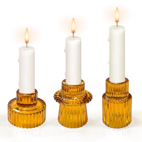 3 Piezas Candelabro Vidrio,Portavelas de Cristal para Velas y Tealight Velas,Candelabros Vidrio para Mesa Navidad Fiesta Boda Decorativos (Ámbar)