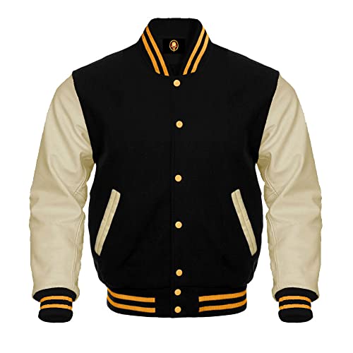 AMAZEE Genuine Leather Sleeves Wool Body Bomber Baseball Varsity Letterman School Jackets