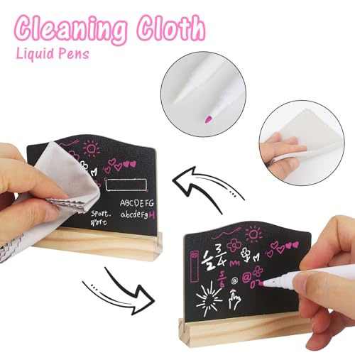 12 Stück Klein Kreidetafel, Mini Tafel Set mit Holzbasen, Stifte, Tuch, Kleine Tafeln zum Beschriften für Buffet Schilder, Doppelseitige Buffet Schilder Preisschilder für Hochzeit, Geburtstag