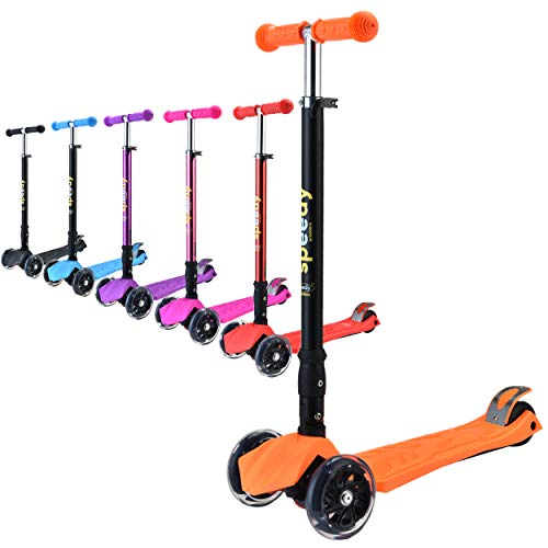 Speedy Scooters® Doblo LED Patinete de 3 Ruedas Luminosas LED - Plegable, Manillar Altura Ajustable y Freno Posterior para Niños, Inclinable Fácil de Girar (Naranja)