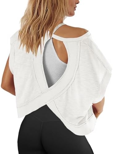 Panadila Womens Open Back Workout Tops Oversized Tshirts, White, XS