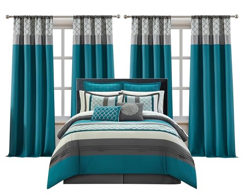 LANCO MODERN LIFESTYLE King Comforter Set, Grey Bedding Set, Jacquard Woven with Geometry, 16 Pieces Room in a Bag, Sheets, Bedskirt, Pillow Shams and Cases, Decorative Pillows and Curtains by LANCO MODERN LIFESTYLE - Used condition - US$137.94
