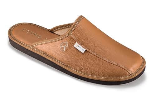 ESTRO Męskie Pantofle Skórzane Kapcie Męskie Skórzane z Podeszwą Memory Foam RUST (42 EU, Złoto)