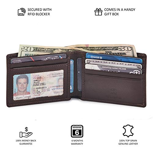 Image of Real Leather Mens Bifold Wallet RFID Blocking Slim Minimalist Front Pocket - Thin & Stylish with ID Window in Gift Box, Chocolate Nappa, 4 inch x 3.25 inch x 0.75 inch, Minimalist