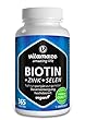 Biotin hochdosiert 10.000 mcg + Selen + Zink für Haarwuchs, Haut & Nägel, 365 vegane Tabletten für 1 Jahr, Nahrungsergänzung ohne Zusatzstoffe, Made in Germany