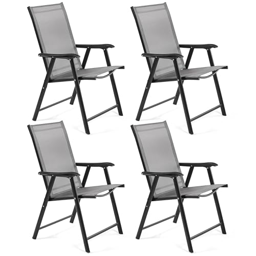 Yaheetech Garden Folding Dining Chairs Set of 4 with Backrest Armrests All Weather Patio Chairs Steel Frame 4 Pack for Garden Lawn Porch Backyard Poolside Grey