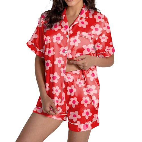 Conjunto de ropa de descanso para mujer, estampado de satén de manga corta, camisa y pantalones cortos, conjunto de pijama cómodo para dormir, 04# Rojo, XXL