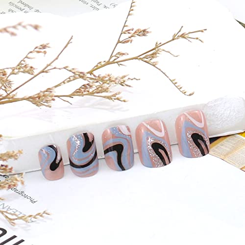 24Pcs Press On Nails Short Square Fake Nails Ins Sweet Cool Glitters Hills Design Acrylic Nails Coffin Full Cover Manicure Tips Nails For Women Daily Wear False Nails Kits Nail Salon Set #TOP2