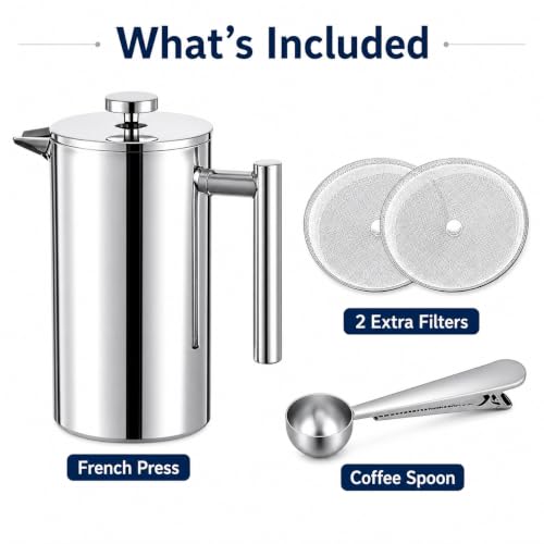 Image of 12 oz / 350 ml Stainless Steel French Press Coffee Maker, Double-Wall Insulated Small Coffee Press with 2 Extra Filters and Coffee Spoon, Single Serve French Press for Home, Office and Camping