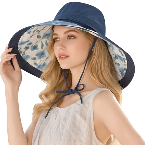KAICAILA Women Summer Wide Brim Sun Protection Hat Reversible Fishing Navy