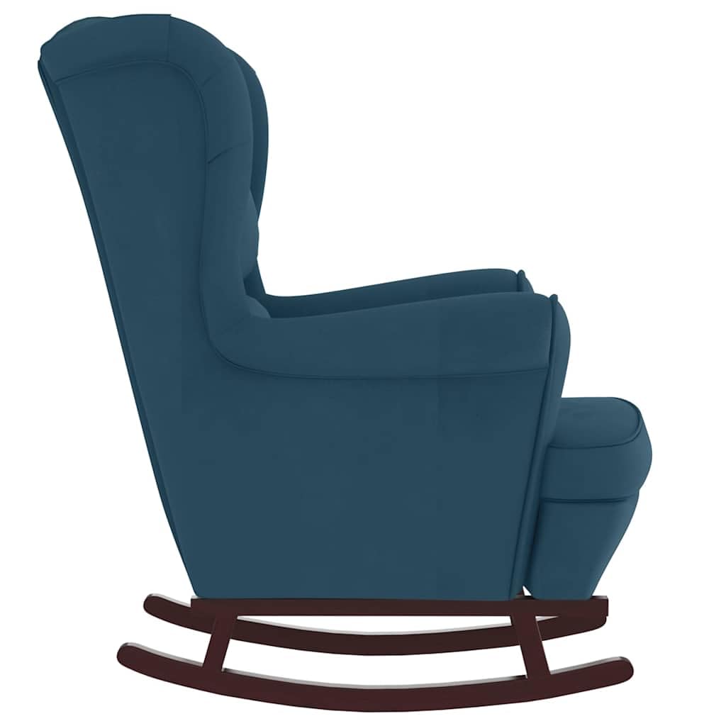Sedia a dondolo con orecchie in velluto blu con seduta e schienale imbottiti, pattini in legno massiccio dell'albero della gomma, sedia a dondolo ergonomica per soggiorno, camera da letto