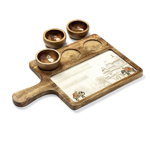 Image of Handcrafted Mango Wood Serving Platter with 3 Dip Bowls | Traditional Elephant Print | Waterproof, Heat-Resistant, Food-Safe Lacquer Finish | 15.5 x 10 Inch | Made in India (3katori-WhiteElephant)
