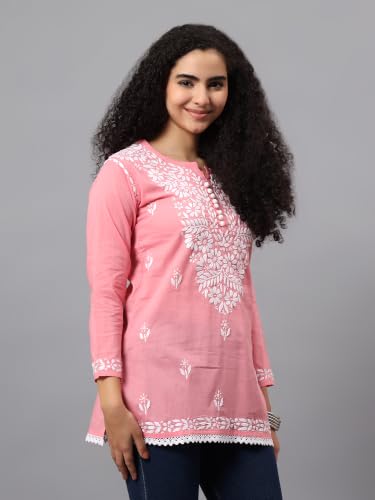 Image of Seva Chikan Hand Embroidered Lucknowi Chikankari Cotton Short Top Tunic for Women SCL9017