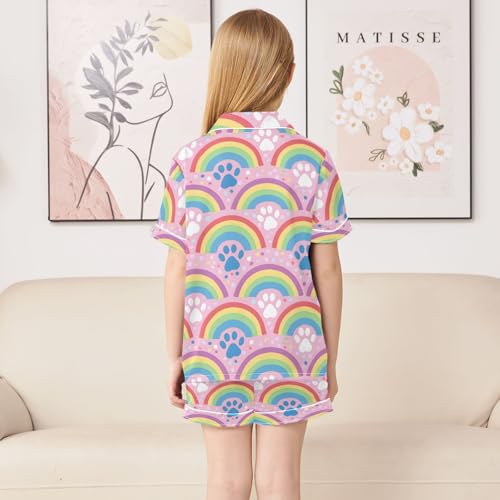 ALAZA Rainbow Cat Paw Print Stylish Satin Pajamas Set Short Sleeve Button Down Sleepwear Summer Pjs 2 Piece4