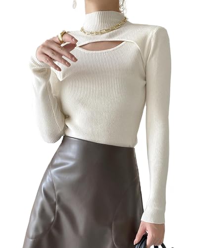 Image of Women Mock Neck Cutout Front Top Long Sleeve Light Weight Ribbed Knitting Sweater Bodycon Casual Shirt