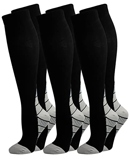 3 Pares Calcetines/ Medias de Compresión para Hombres y Mujeres, Running, Deporte, Correr, Senderismo, Volar, Viajar, Varicosas, Embarazo y Médicos (M, Gris)