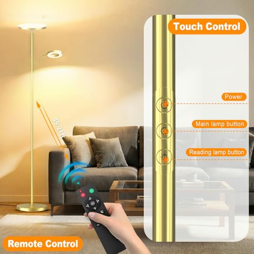 Image of marctronic Polished Gold Floor Lamp, 42W 4000LM Premium Brightness, Luxury Decor Finish & Smart Plug Compatible, Touch Control Dimmable Reading Lamp for Living Room