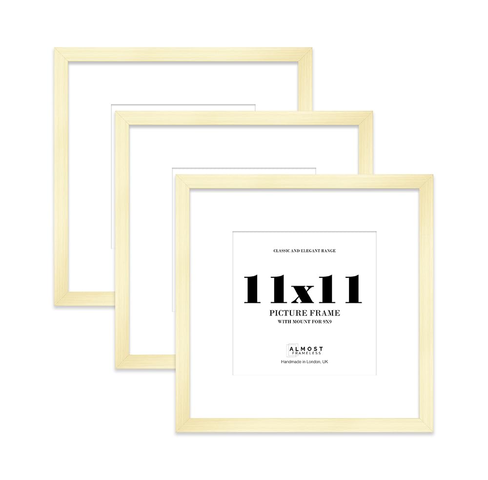 11x11 Gold Picture Frame with Mount for 9x9 Photos, Prints - Modern Square Wall Frame, Set of 3