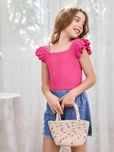 Image of OYOANGLE Girl's Casual Solid Ruffle Trim Cap Sleeve Square Neck Cute Crop Tank Tops T-Shirts