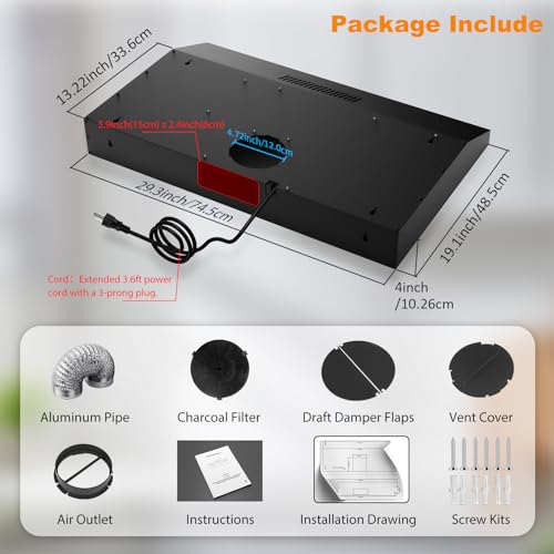 Alemania 30 Inch Under Cabinet Range Hood, Ultra Slim Kitchen Stove Vent Hood, Ducted/Ductless Convertible Oven Exhaust Fan with Charcoal Filter & Foil Exhaust Pipe