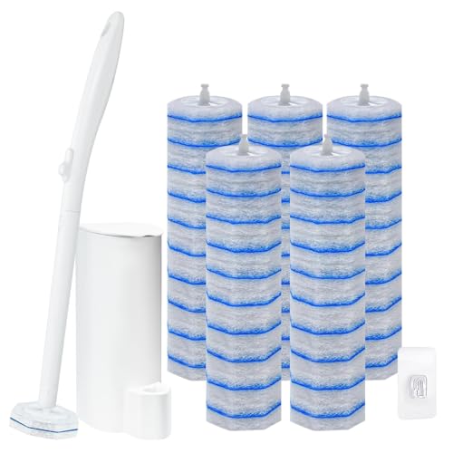 Einweg Toilettenbürste mit 50 Stück Toilettenreiniger Nachfüllungen Wandmontiertes Toilettenbürste Set mit Verlängertem Griff und Halter Hygienische WC Bürste für Bad Waschbecken Badewanne