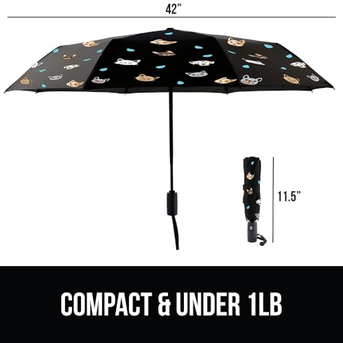 Image of GORILLA GRIP Compact Travel Size Umbrella for Rain, Sleek Design Fits Backpack, Purse and Carry On, Lightweight Under 1lb, One Click Open and Close, Wind Resistant, Durable Waterproof, Cats Dogs