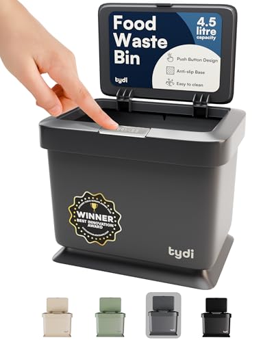 Tydi 4.5L Food Waste Bin with Press-Button Lid Compost Bins for Kitchen - Anti-Slip Base and Secure Lid Kitchen Compost Small Indoor Caddy for Cupboard or Countertop Dark Grey