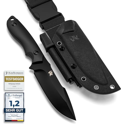 Wolfgangs Outdoor-Messer AMBULO mit Kydex Holster - Edles Jagdmesser aus einem Stück D2 Stahl gefertigt - DAS Bushcraft Messer - Survival Messer inklusive verbessertem Feuer-Starter (Full Black)