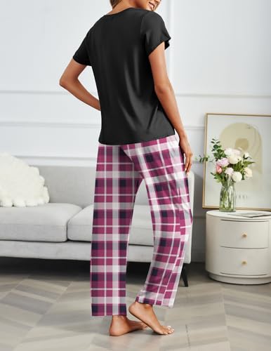 Image of Ekouaer 2 Pack Pajamas for Women Set Short Sleeve Pj Top and Printed Pants | Soft PJs Cozy Printed Lounge Sets Comfy Sleepwear with Pockets