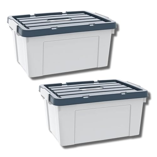 Image of Ash & Roh Multi-Size Plastic Storage Boxes with Secure Latching Lids, Stackable Storage Boxes for Home Organization, Bedroom, Kitchen, or Utility Room (pack of 2, Large - 51cm X 339cm X 27cm)