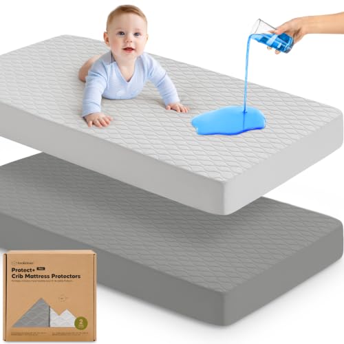 Image of 2-Pack Waterproof Crib Mattress Protector Cover Fitted - Quiet Baby Crib Mattress Pad Sheets, 52 inch x 28 inch Soft Quilted Cotton Baby Sheet, Machine Washable, Easy Fit, Durable (Granite /Mavy)