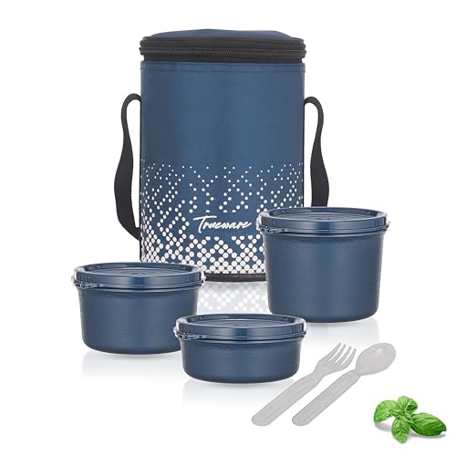 Image of Trueware Omaga Lunch Box with Insulated Fabric Jacket, 3 Microwave Safe & Leak Proof Inner Stainless Steel Containers (1 x 200ml, 1 X 400ml & 1 X 500ml) Tiffin for Office, College