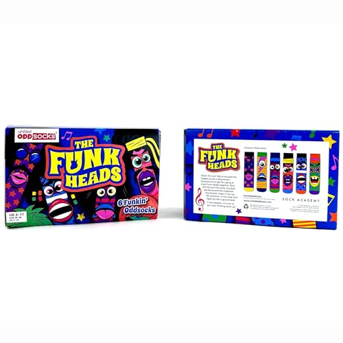 United Oddsocks The Funk Heads Gift Box – 6 Colourful Funky Odd Socks for Men – UK 6–11, EUR 39–46, US 7–12, Mix & Match 70s-Inspired Novelty Socks, Fun Birthday, Christmas or Father’s Day Gift & More