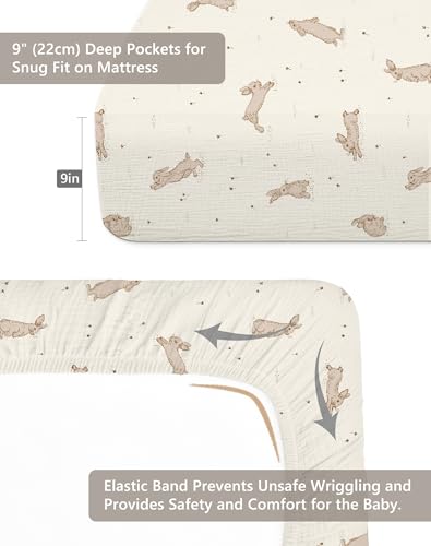Image of Crib Sheets for Baby Boy Girl 2 Pack, Fitted Crib Mattress Sheet 28 inch x 52 inch, Muslin Toddler Bedding with Neutral Style, Nursery Bedding Essentials (Hopping Bunnies & Beige)