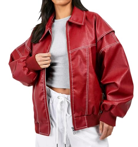 ksotutm Oversized Leather Jacket Women Vintage Zip Up Bomber Motorcycle Faux Leather Jacket Coat Outerwear
