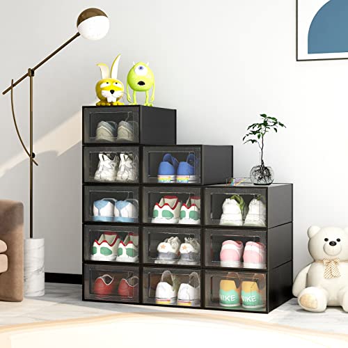 See Spring Large 12 Pack Shoe Storage Box, Black Plastic Stackable Shoe Organizer For Closet, Space Saving Foldable Sneaker Containers Bins Holders Racks (Obsidian Black) #TOP5